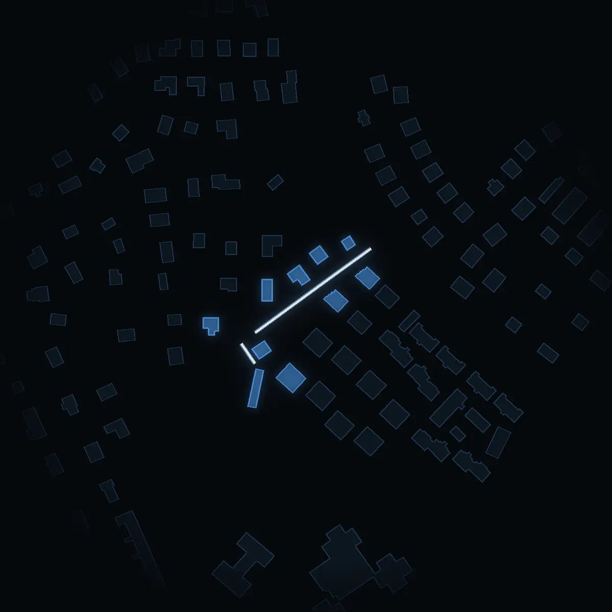 The street at night: Rafaelsgränd drawn in white, its buildings lit in the colour of their area’s income