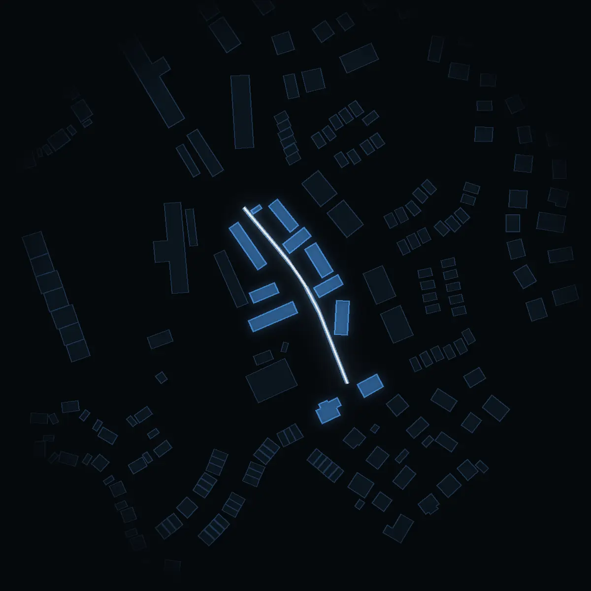 The street at night: Rättaregatan drawn in white, its buildings lit in the colour of their area’s income