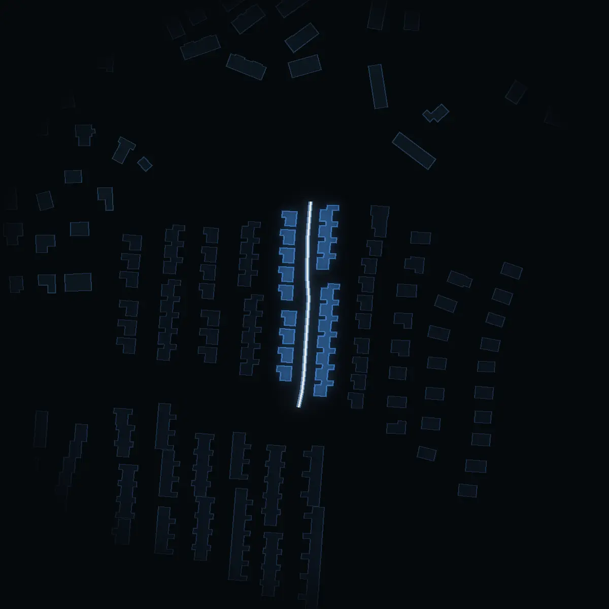 The street at night: Renlavsvägen drawn in white, its buildings lit in the colour of their area’s income