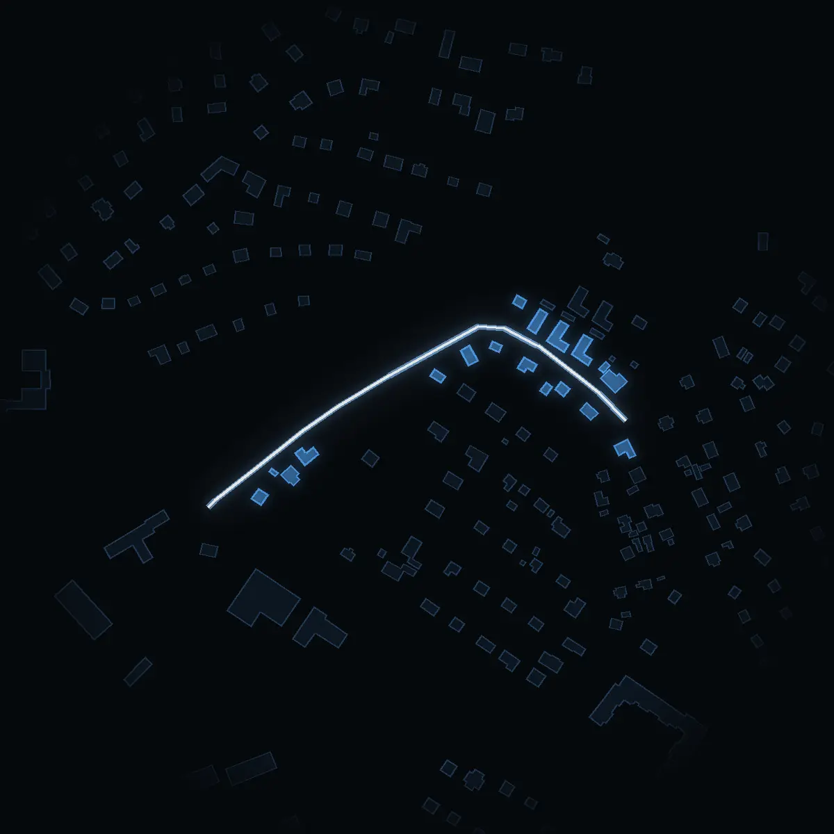 The street at night: Rimfrostvägen drawn in white, its buildings lit in the colour of their area’s income