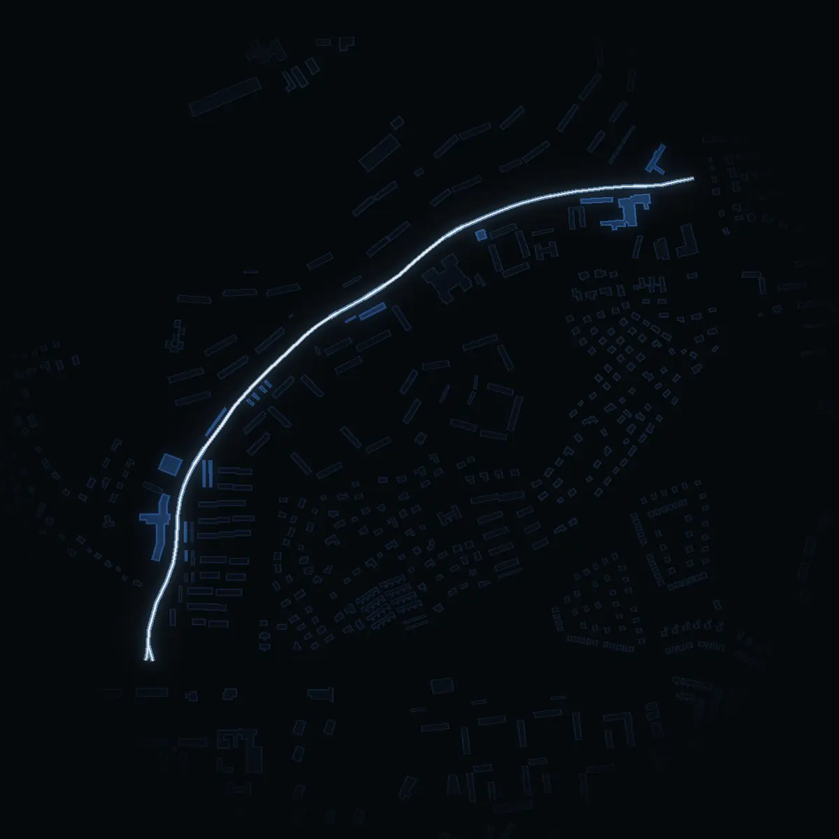 The street at night: Robert Anbergs väg drawn in white, its buildings lit in the colour of their area’s income