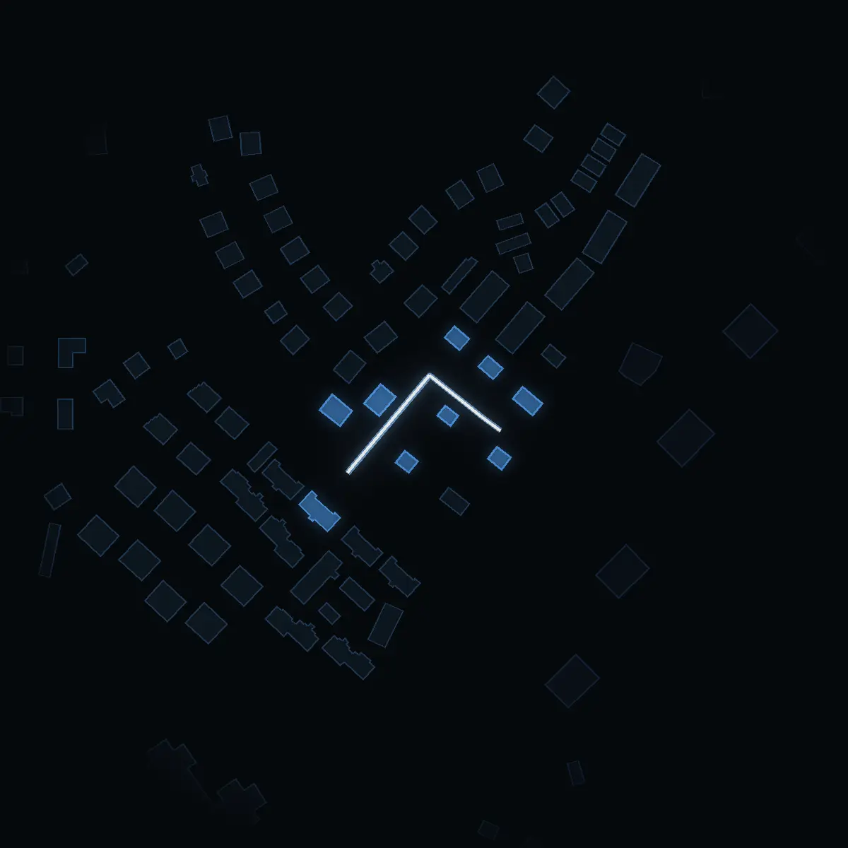 The street at night: Rosenhemsvägen drawn in white, its buildings lit in the colour of their area’s income