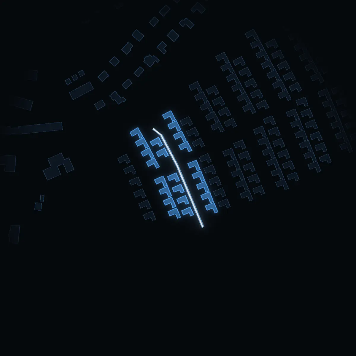 The street at night: Russvägen drawn in white, its buildings lit in the colour of their area’s income