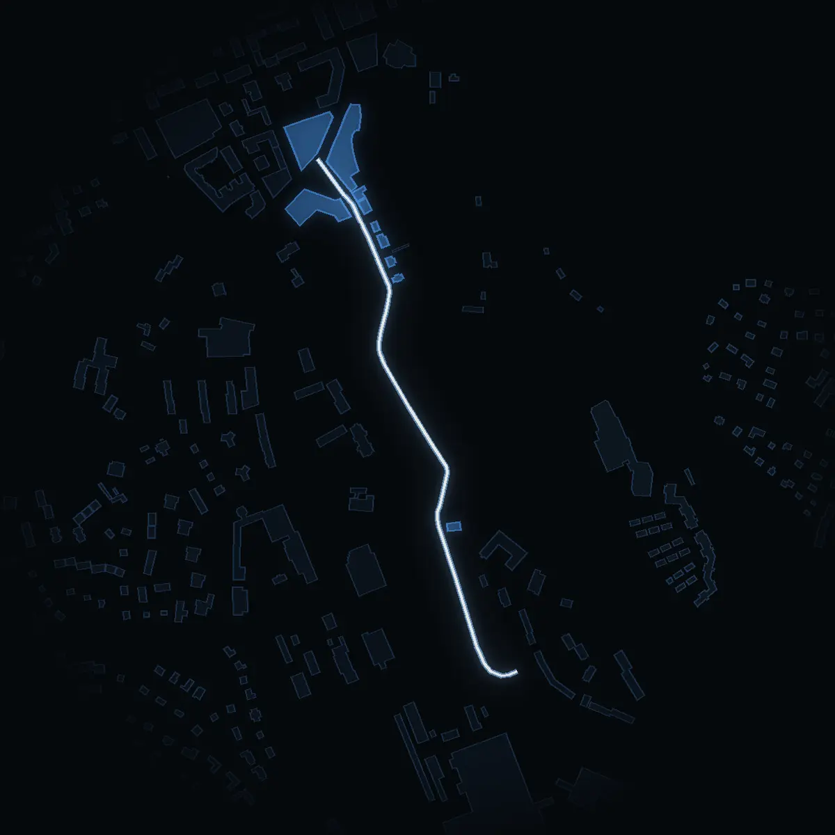 The street at night: Saltsjögatan drawn in white, its buildings lit in the colour of their area’s income