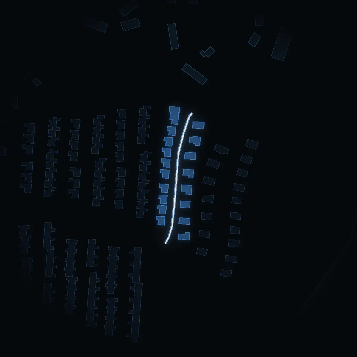 The street at night: Silvermossvägen drawn in white, its buildings lit in the colour of their area’s income