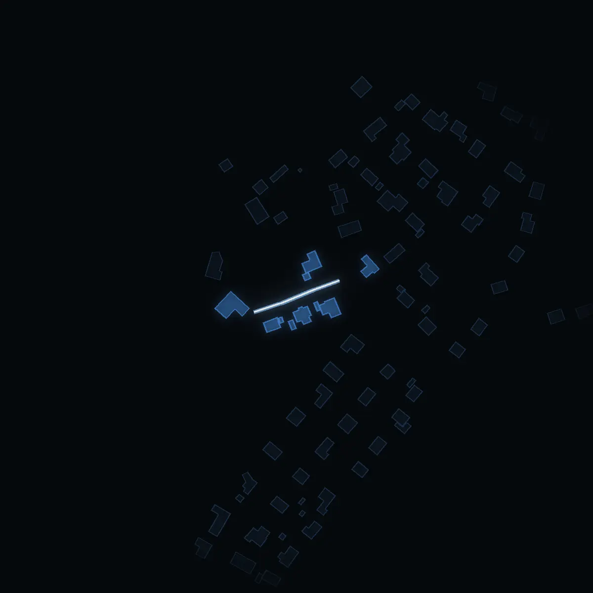 The street at night: Skattgränd drawn in white, its buildings lit in the colour of their area’s income