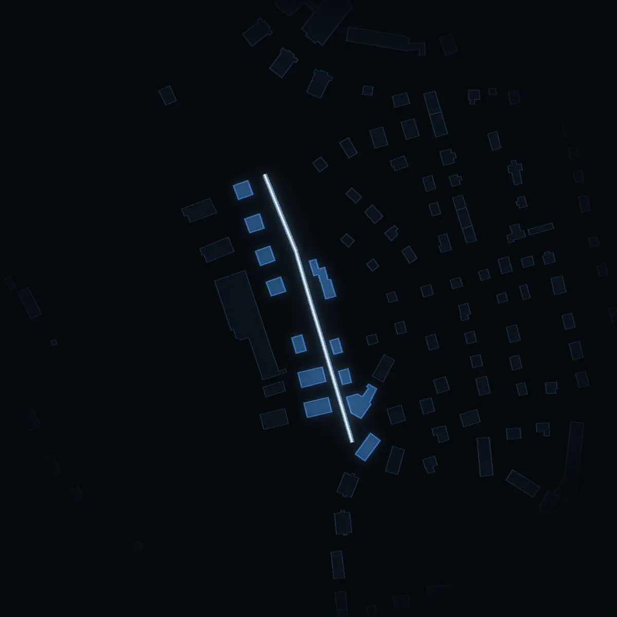 The street at night: Skogsgatan drawn in white, its buildings lit in the colour of their area’s income