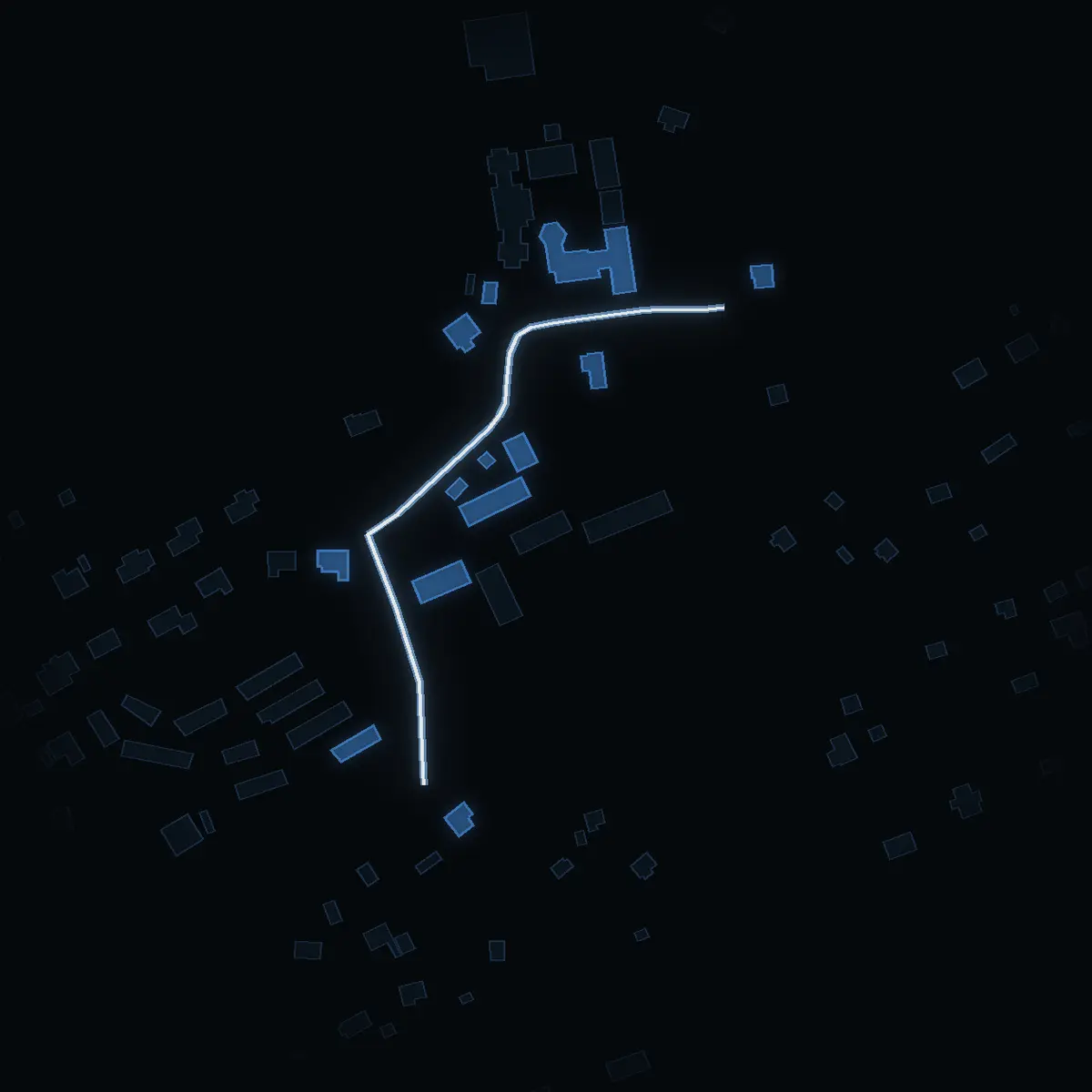 The street at night: Skolvägen drawn in white, its buildings lit in the colour of their area’s income