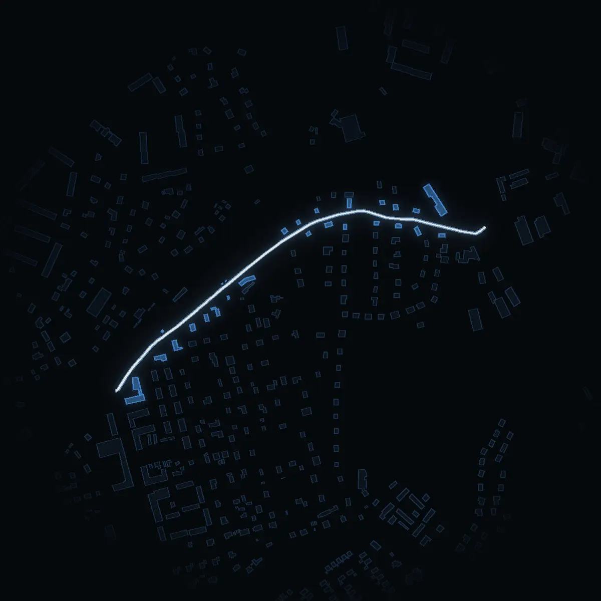 The street at night: Södra järnvägsgatan drawn in white, its buildings lit in the colour of their area’s income