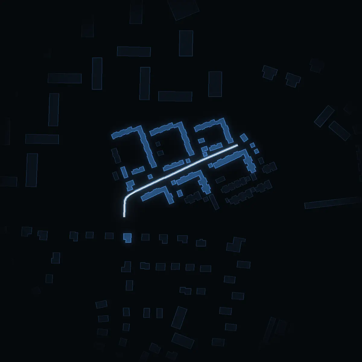 The street at night: Stadsträdgårdsgatan drawn in white, its buildings lit in the colour of their area’s income