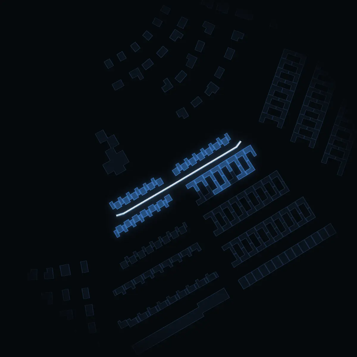 The street at night: Stafettvägen drawn in white, its buildings lit in the colour of their area’s income