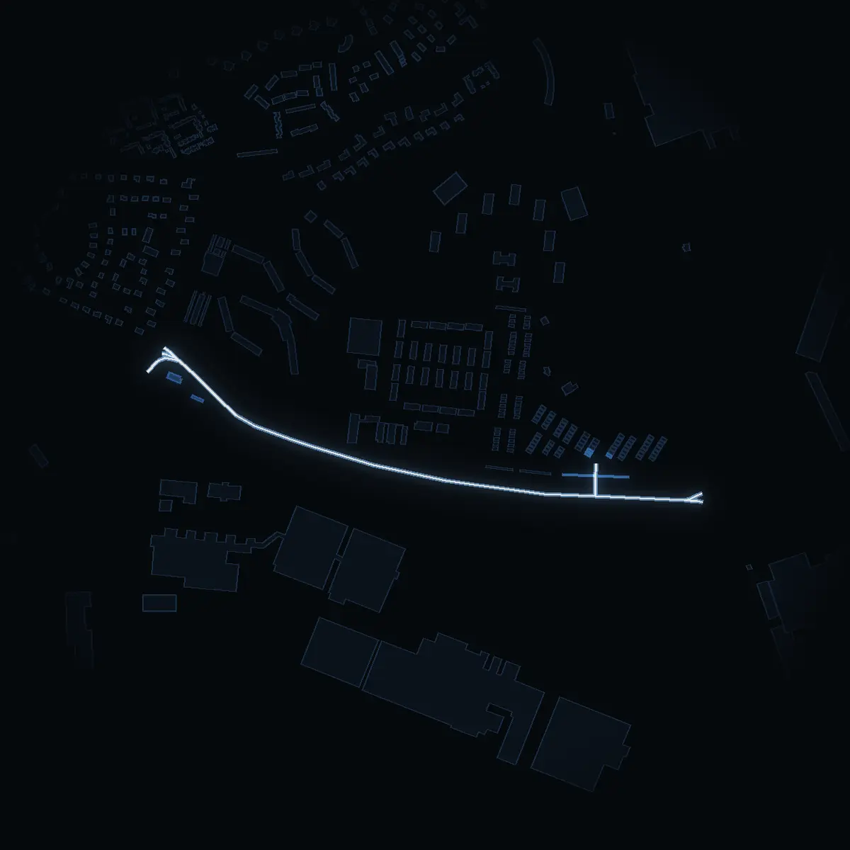 The street at night: Stålhamravägen drawn in white, its buildings lit in the colour of their area’s income