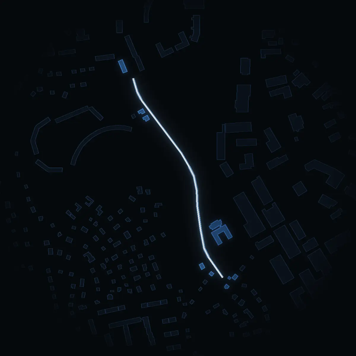 The street at night: Stenbergsvägen drawn in white, its buildings lit in the colour of their area’s income