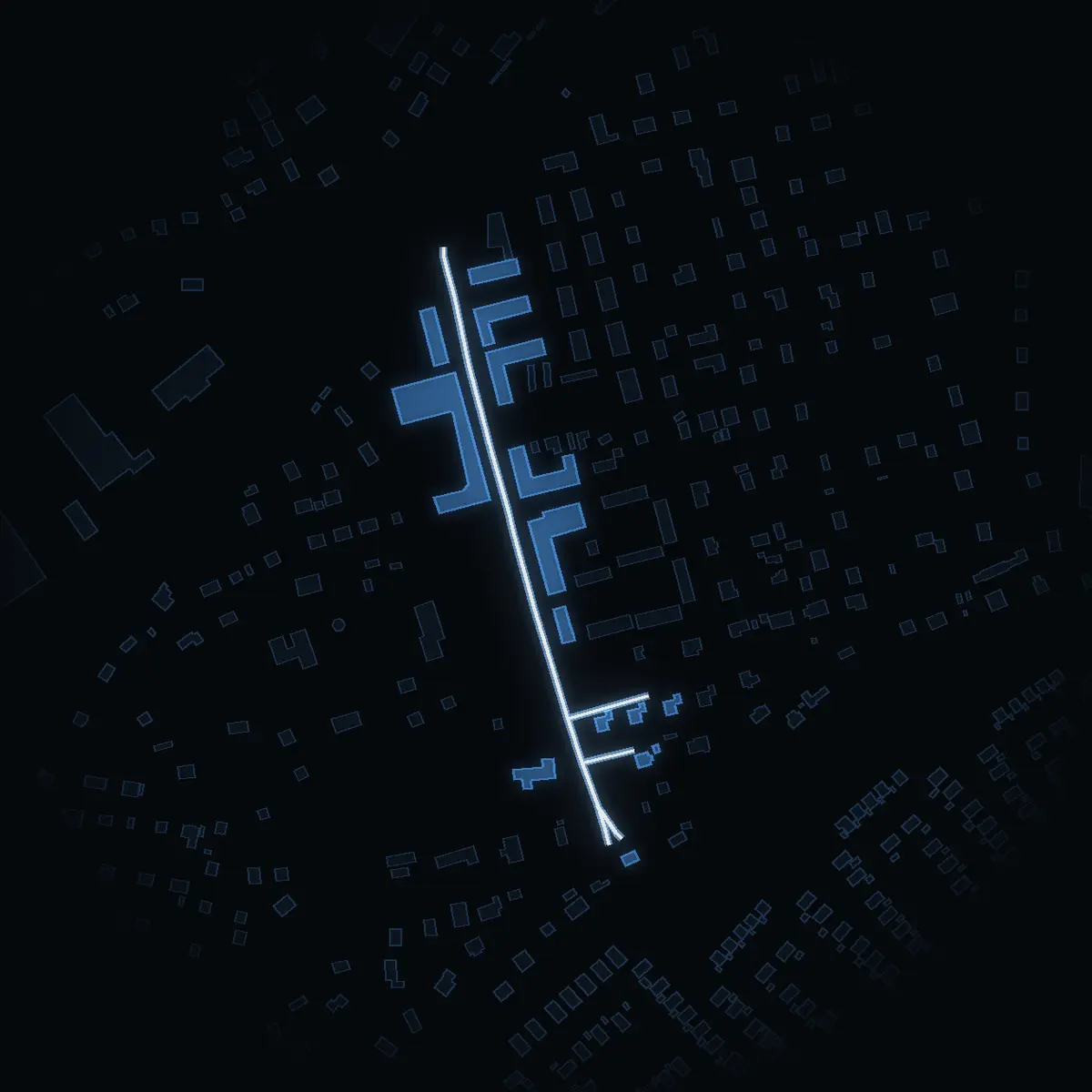 The street at night: Storgatan (Järna centrum-Järna södra) drawn in white, its buildings lit in the colour of their area’s income