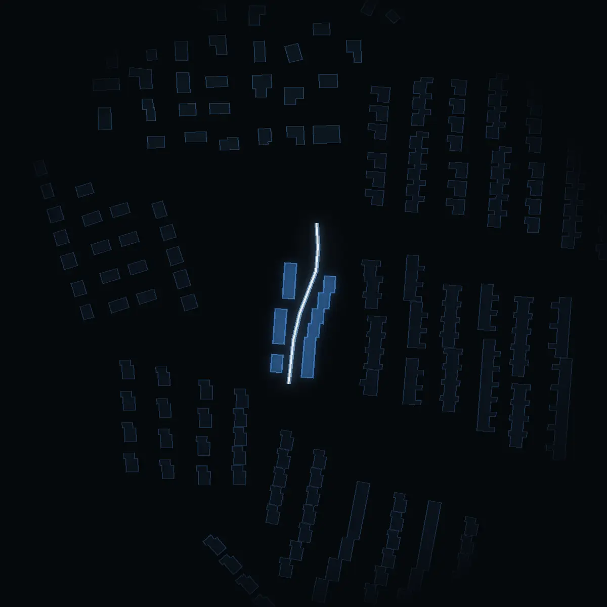 The street at night: Struervägen drawn in white, its buildings lit in the colour of their area’s income