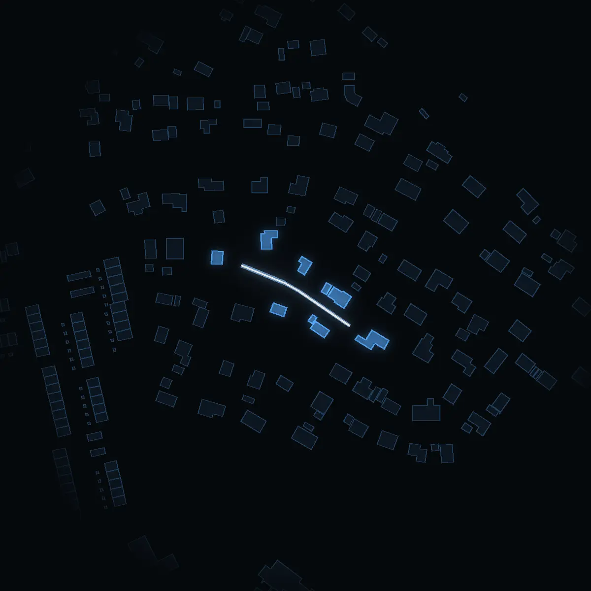 The street at night: Styrmansvägen drawn in white, its buildings lit in the colour of their area’s income
