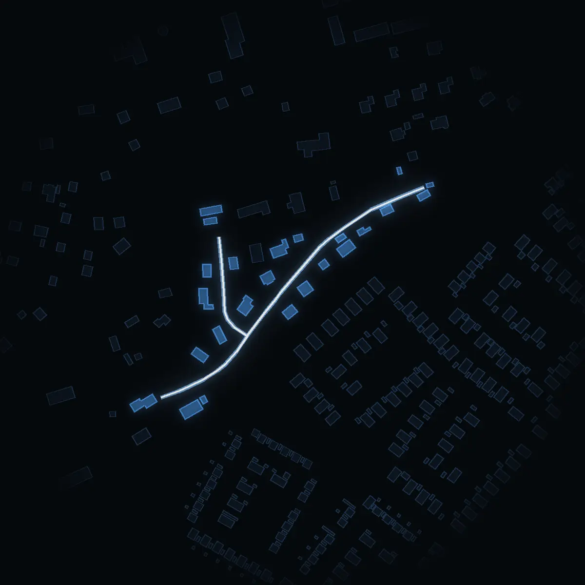The street at night: Sunnemovägen drawn in white, its buildings lit in the colour of their area’s income