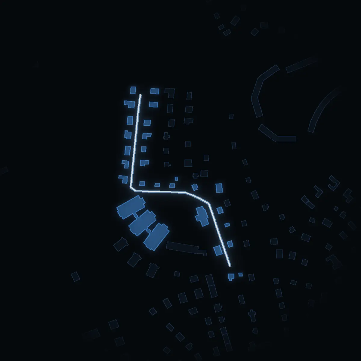 The street at night: Tallhöjdsvägen drawn in white, its buildings lit in the colour of their area’s income