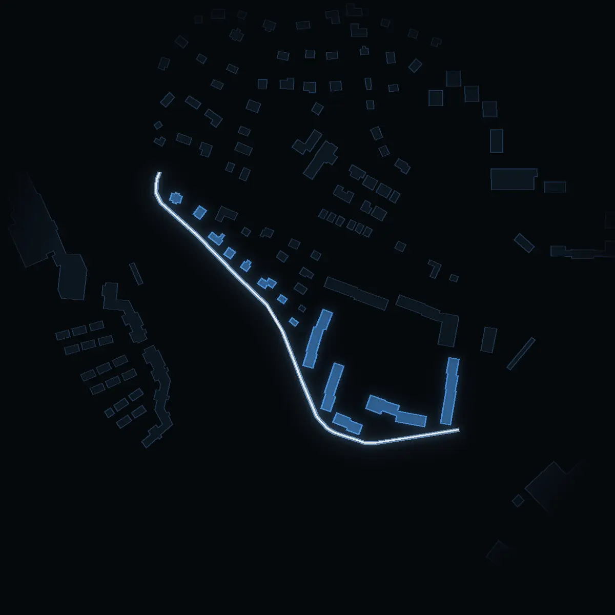 The street at night: Tältvägen drawn in white, its buildings lit in the colour of their area’s income