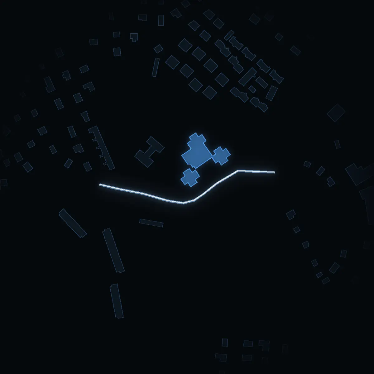 The street at night: Telgehusvägen drawn in white, its buildings lit in the colour of their area’s income
