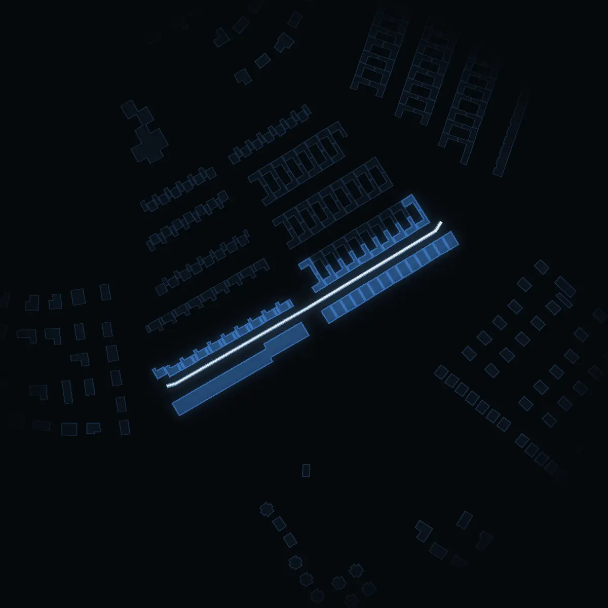 The street at night: Tennisvägen drawn in white, its buildings lit in the colour of their area’s income