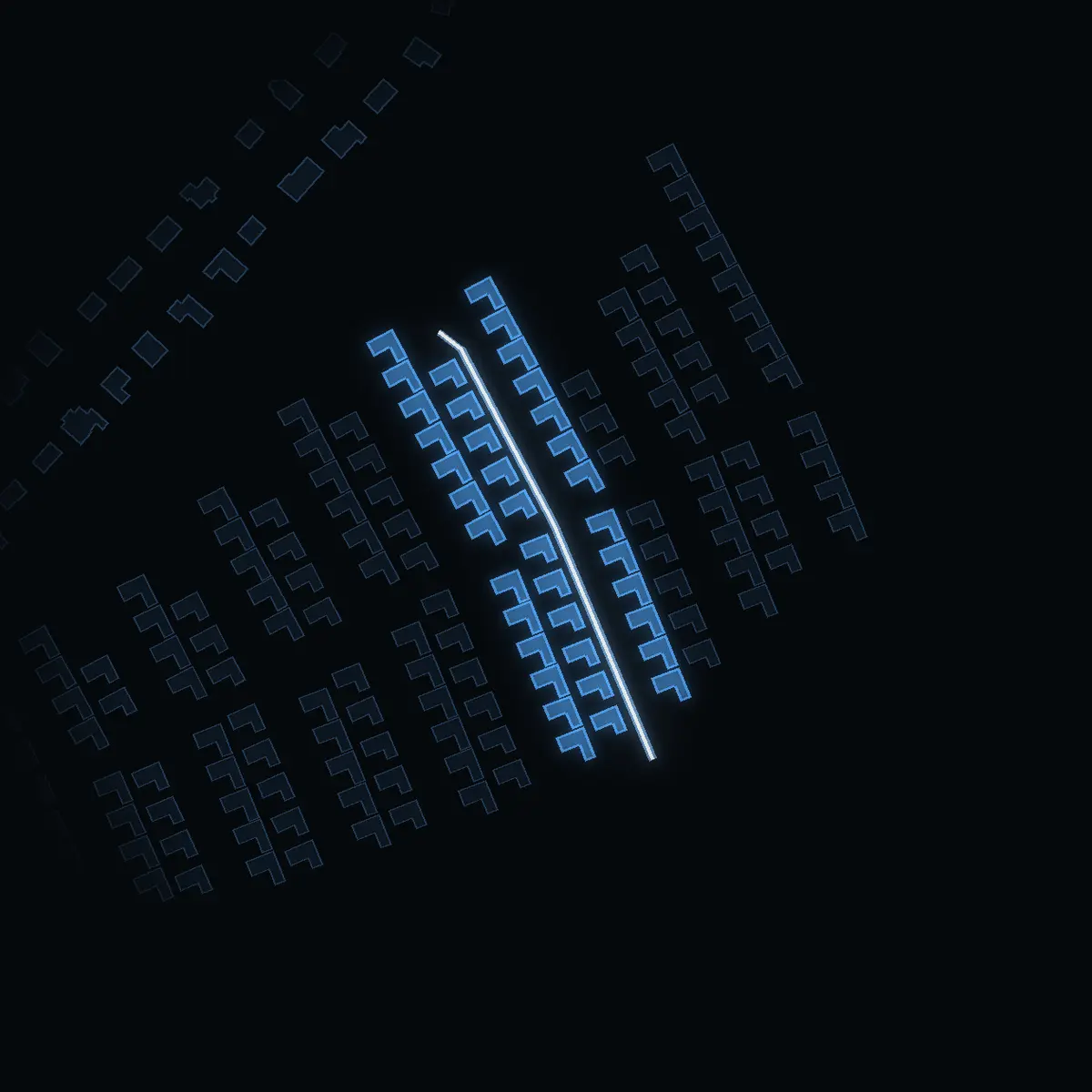 The street at night: Travarvägen drawn in white, its buildings lit in the colour of their area’s income