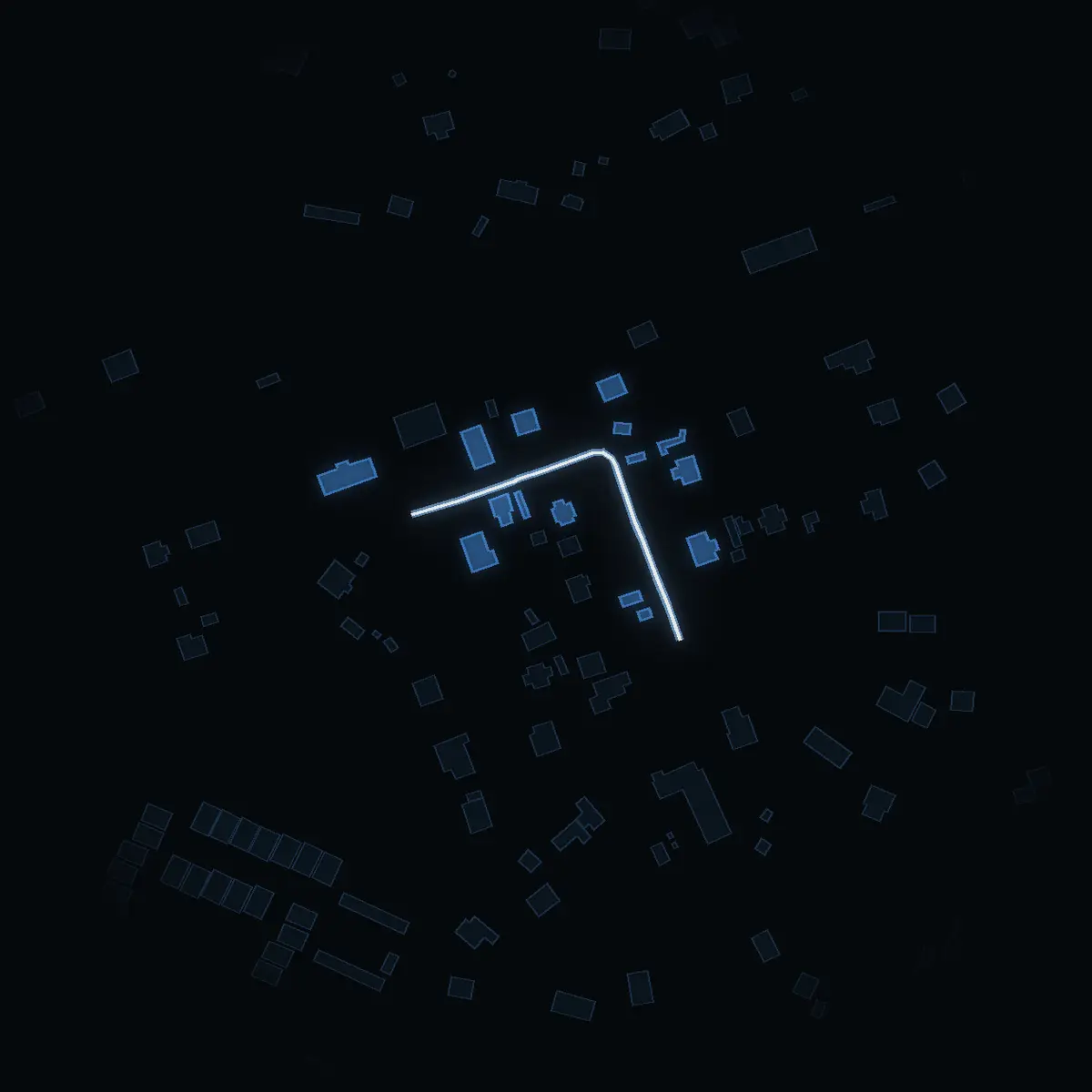 The street at night: Trollvägen (Mölnbo tätort) drawn in white, its buildings lit in the colour of their area’s income