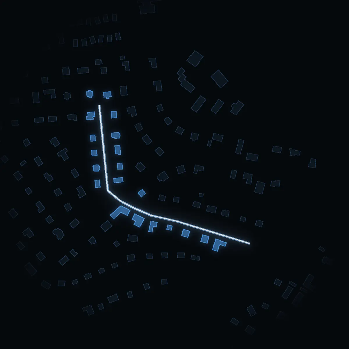 The street at night: Trollvägen drawn in white, its buildings lit in the colour of their area’s income