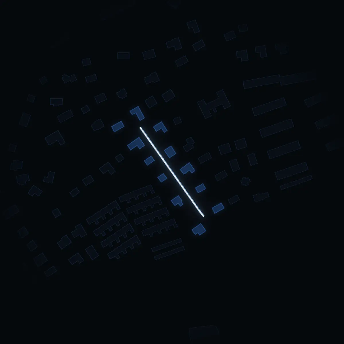 The street at night: Tunvägen drawn in white, its buildings lit in the colour of their area’s income