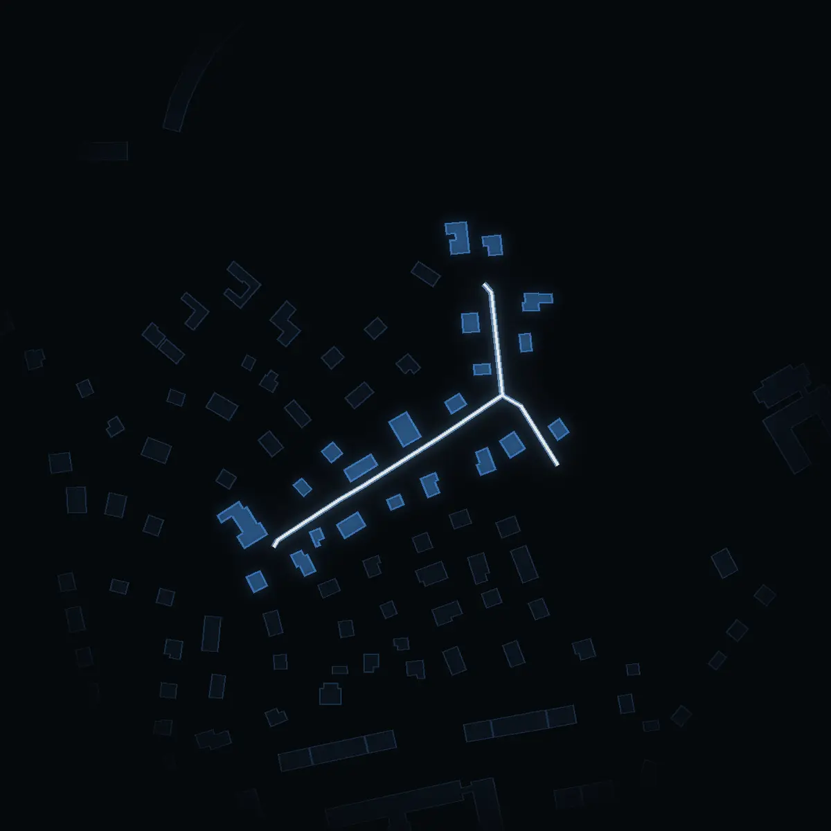 The street at night: Utsiktsvägen drawn in white, its buildings lit in the colour of their area’s income