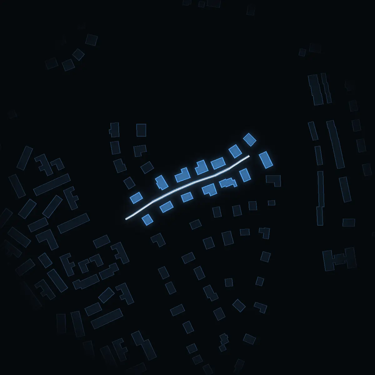 The street at night: Vårbovägen drawn in white, its buildings lit in the colour of their area’s income