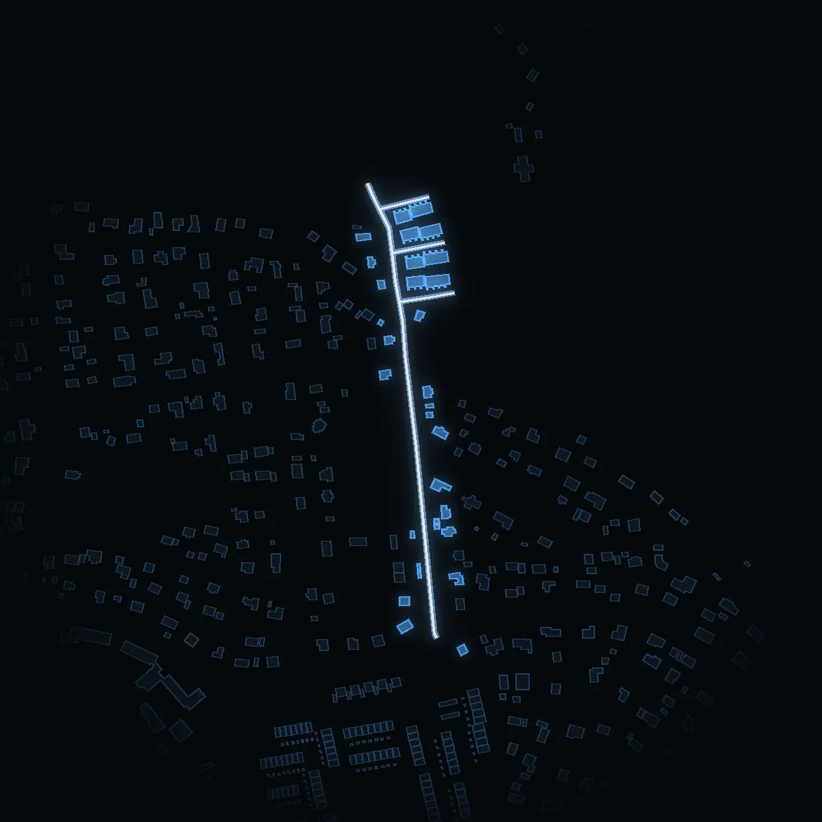 The street at night: Varvsvägen drawn in white, its buildings lit in the colour of their area’s income