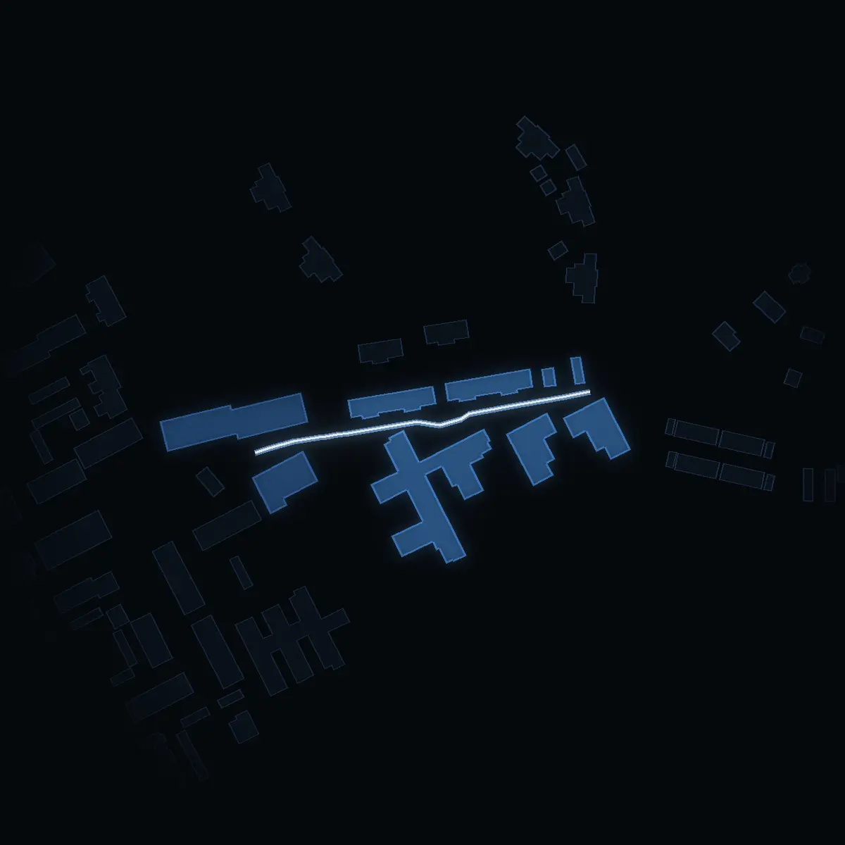 The street at night: Vatt-Annas väg drawn in white, its buildings lit in the colour of their area’s income