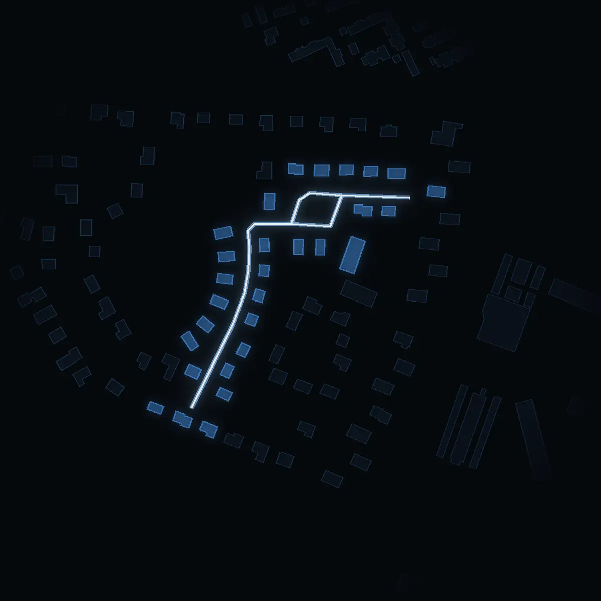 The street at night: Vibergsvägen drawn in white, its buildings lit in the colour of their area’s income