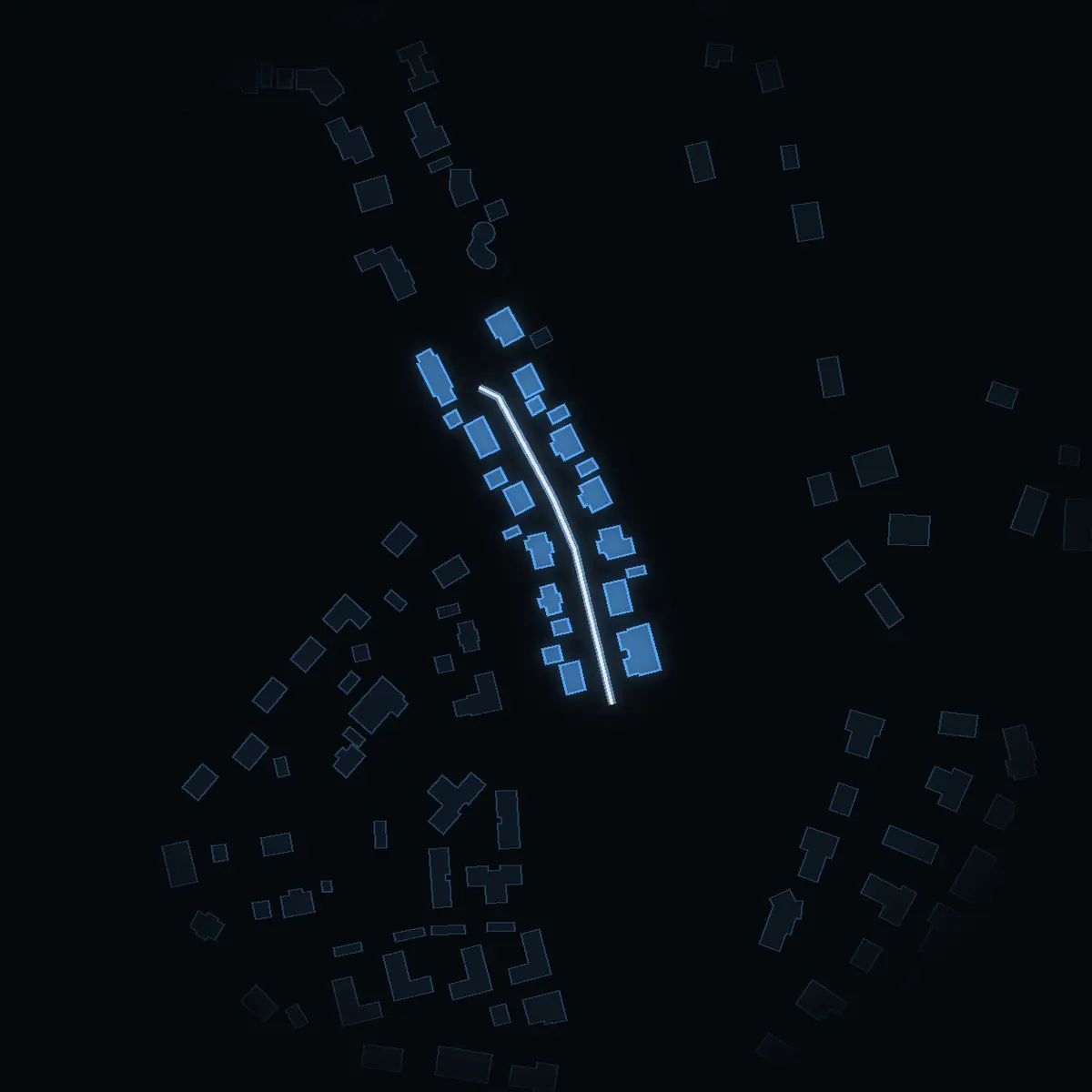 The street at night: Vidängsvägen drawn in white, its buildings lit in the colour of their area’s income