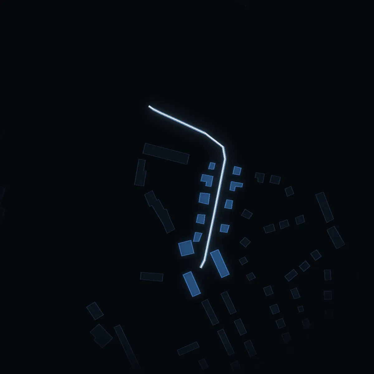 The street at night: Vikingavägen drawn in white, its buildings lit in the colour of their area’s income