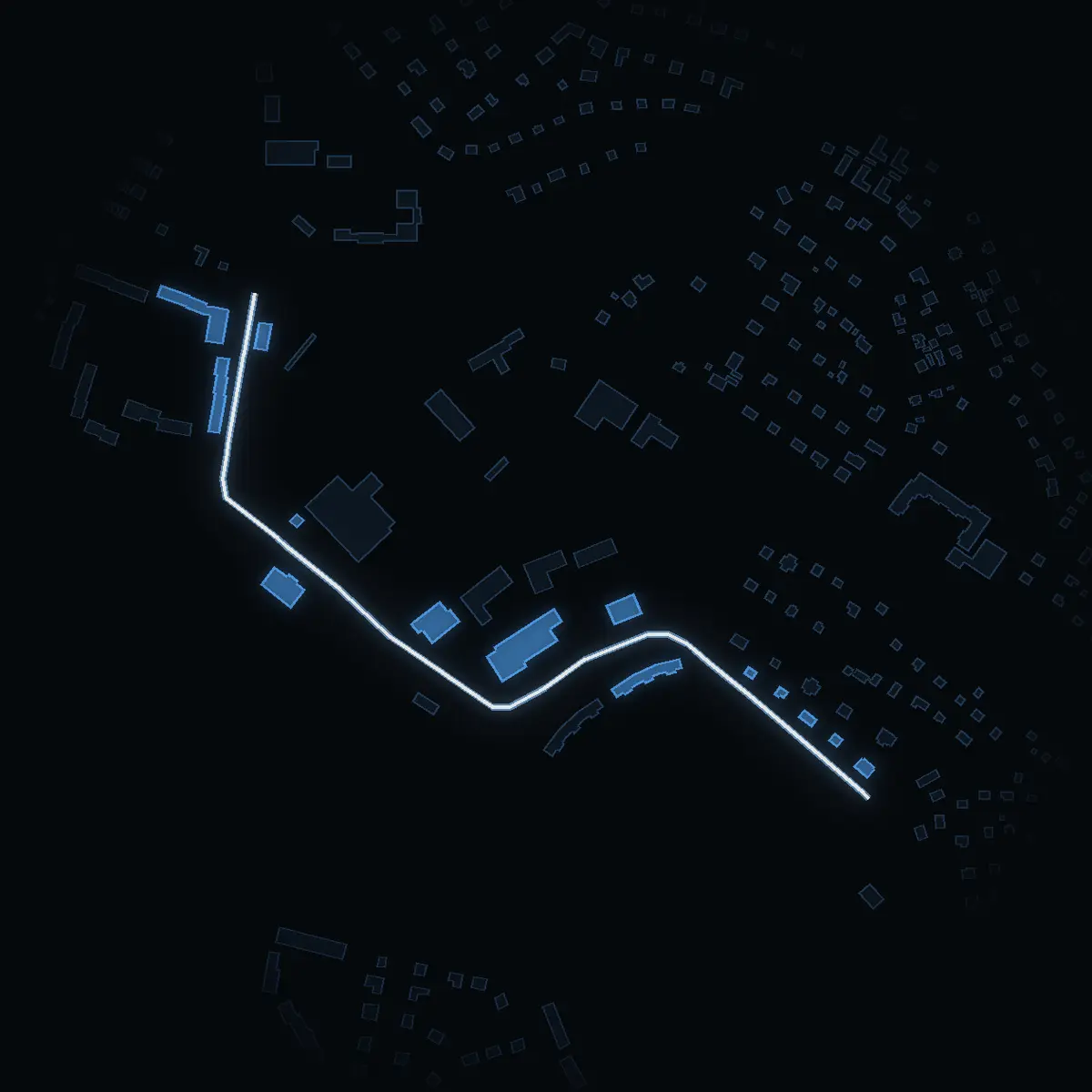 The street at night: Viksängsvägen drawn in white, its buildings lit in the colour of their area’s income