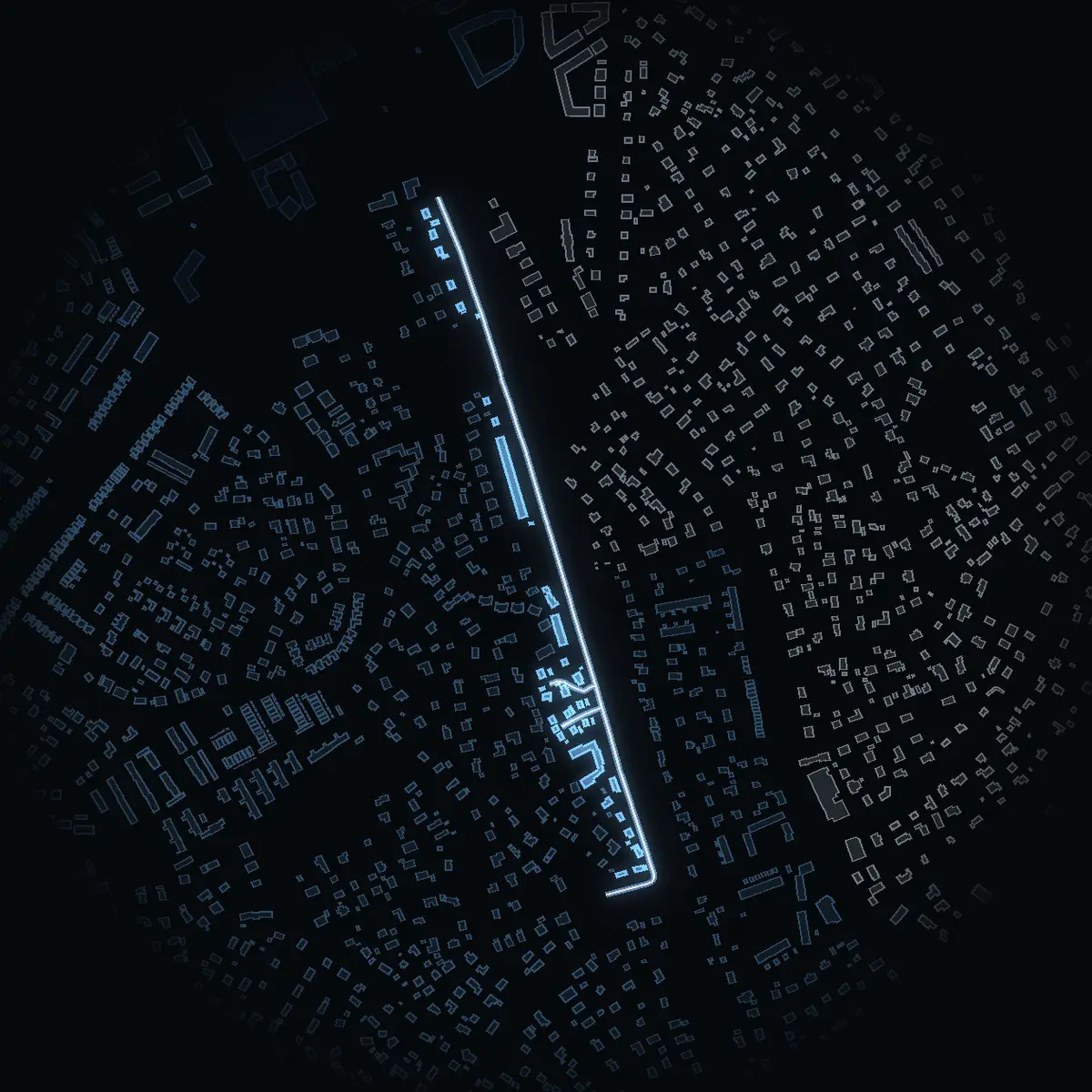 The street at night: Almvägen drawn in white, its buildings lit in the colour of their area’s income