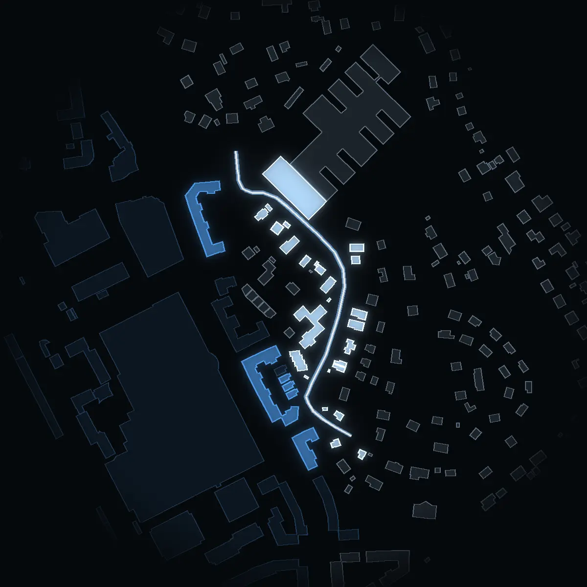 The street at night: Ängsvägen drawn in white, its buildings lit in the colour of their area’s income