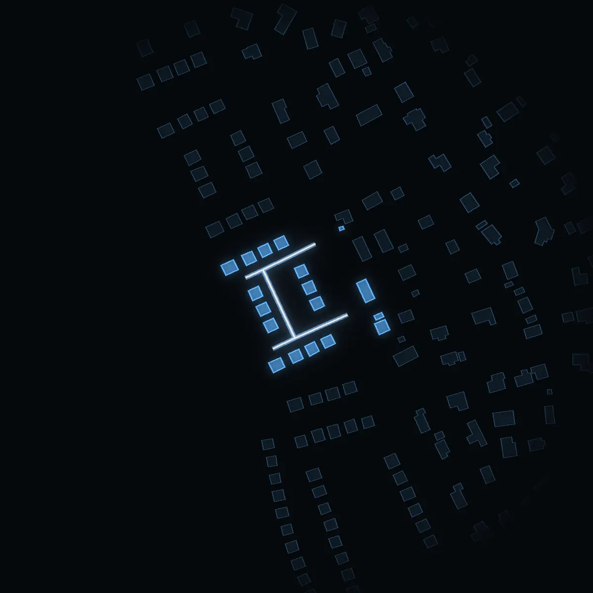 The street at night: Atfares väg drawn in white, its buildings lit in the colour of their area’s income