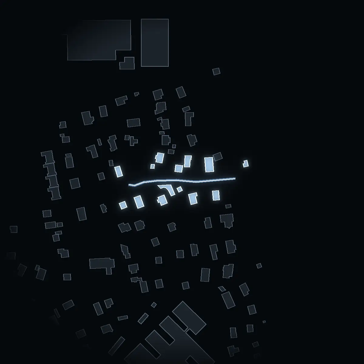 The street at night: Backvägen drawn in white, its buildings lit in the colour of their area’s income