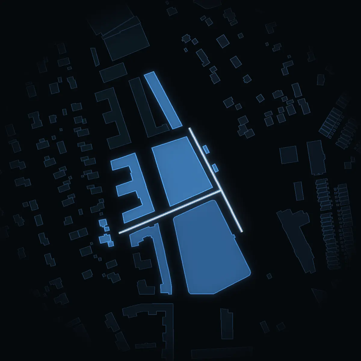 The street at night: Blåklockevägen drawn in white, its buildings lit in the colour of their area’s income