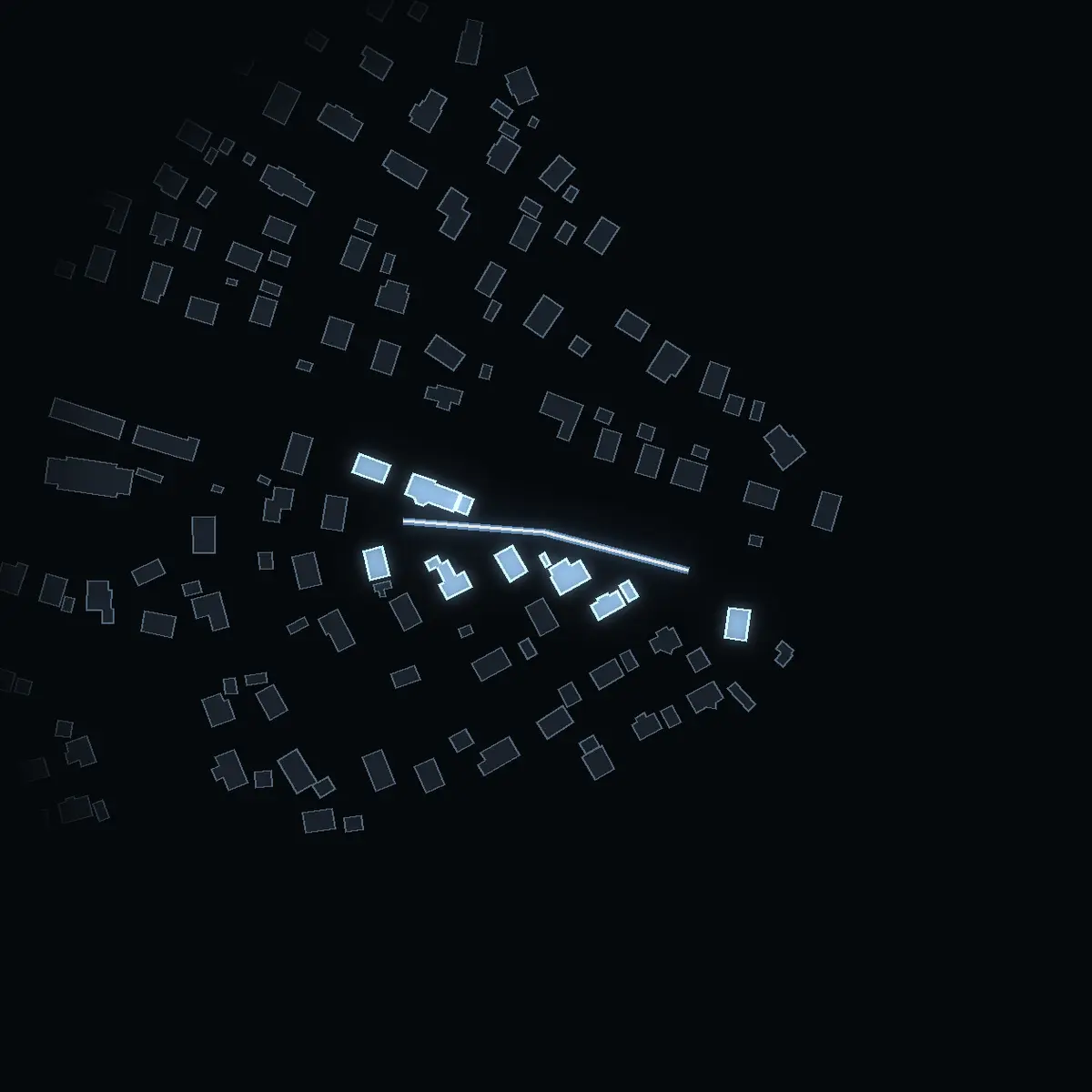 The street at night: Blåmesgränd drawn in white, its buildings lit in the colour of their area’s income