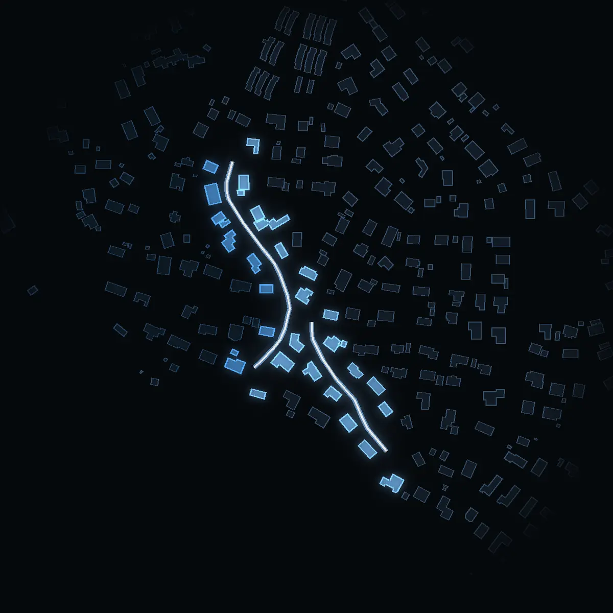 The street at night: Blockvägen drawn in white, its buildings lit in the colour of their area’s income