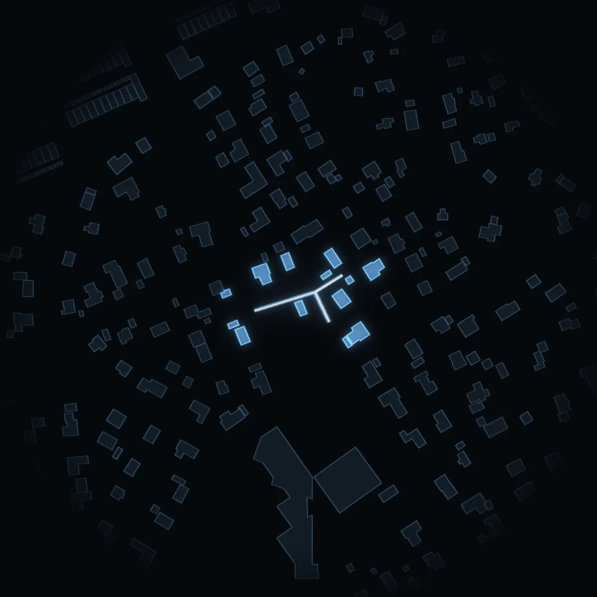 The street at night: Brovägen drawn in white, its buildings lit in the colour of their area’s income