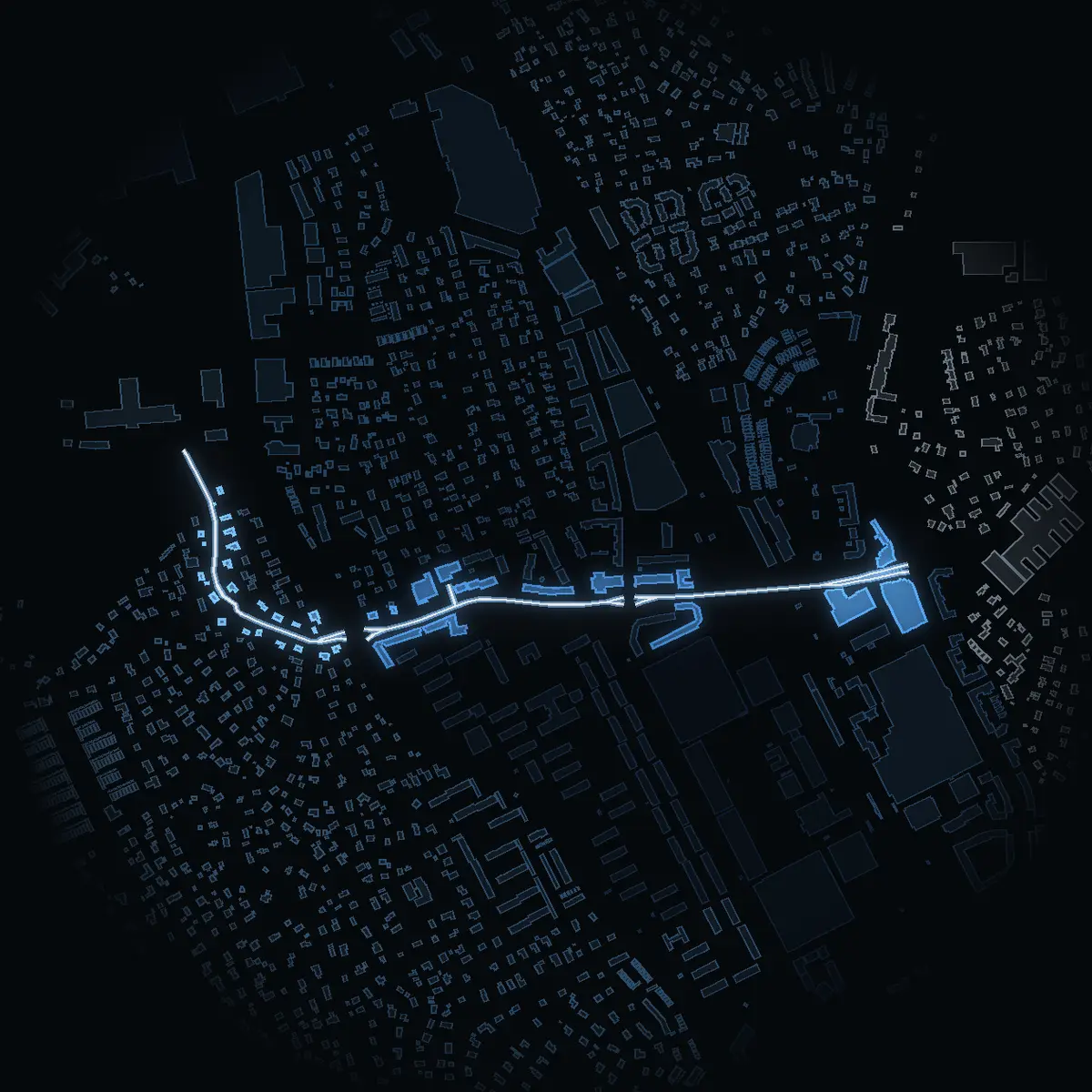 The street at night: Bygdevägen drawn in white, its buildings lit in the colour of their area’s income