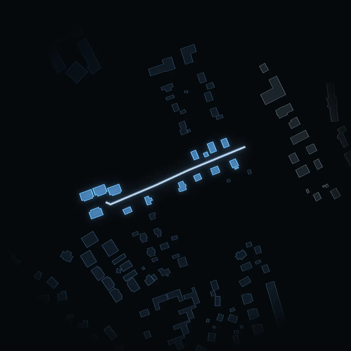 The street at night: Cedervägen drawn in white, its buildings lit in the colour of their area’s income