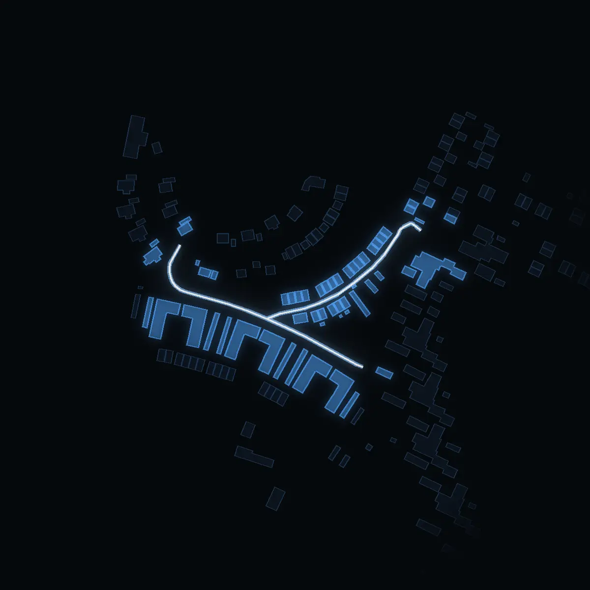 The street at night: Celsings väg drawn in white, its buildings lit in the colour of their area’s income