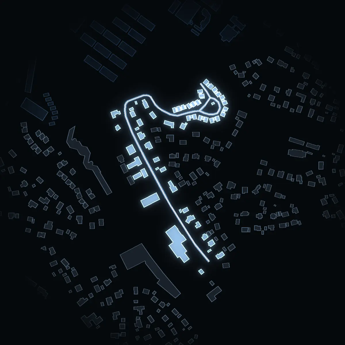 The street at night: Domherrevägen drawn in white, its buildings lit in the colour of their area’s income