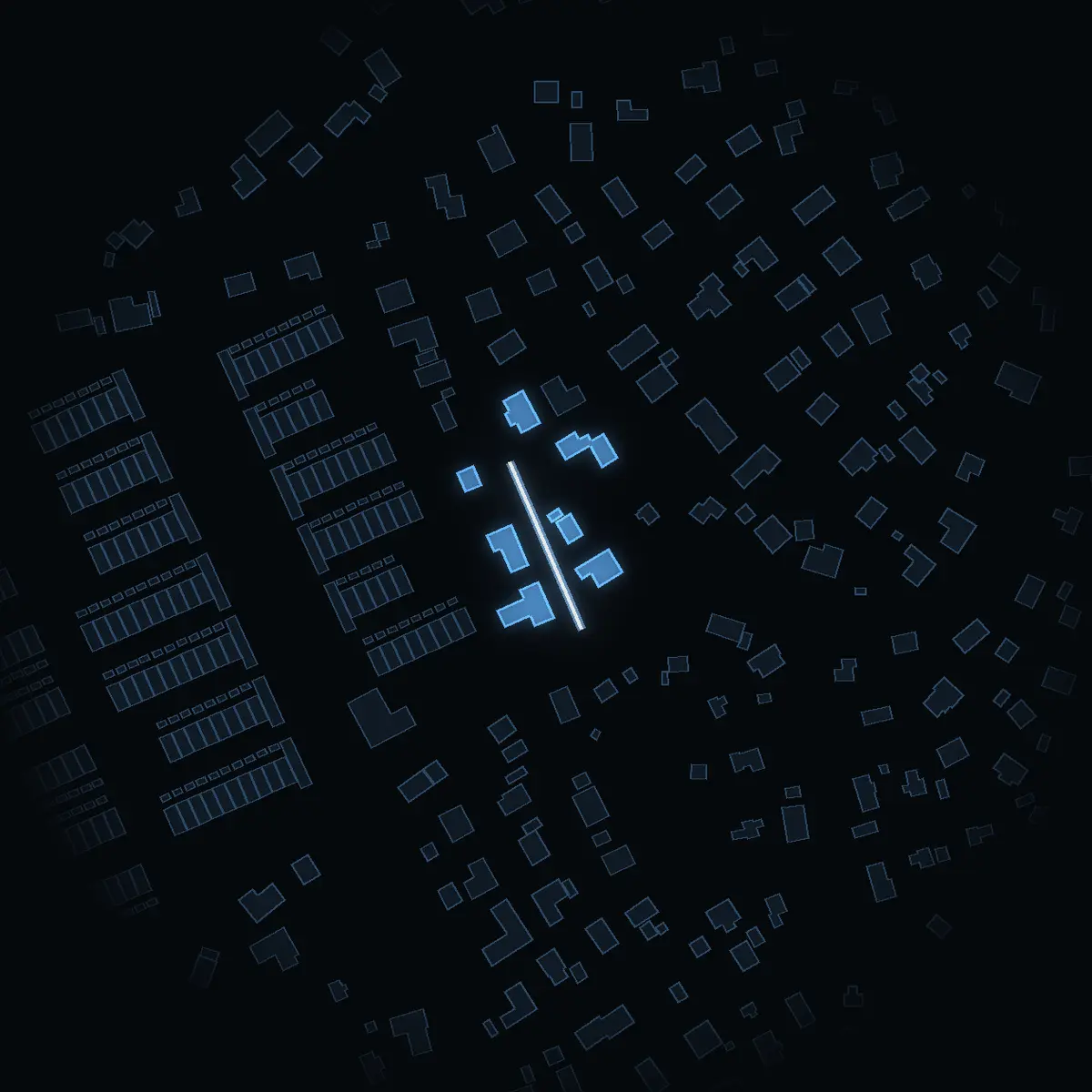 The street at night: Drömstigen drawn in white, its buildings lit in the colour of their area’s income